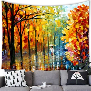 Detail of vibrant autumn oil painting tapestry showing rich textures and heavy brushwork