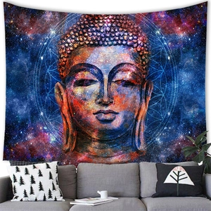 Zen Buddha wall tapestry with celestial galaxy and mandala patterns for home decor
