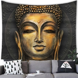 Golden Buddha head wall tapestry with Sanskrit symbols for Zen home decor
