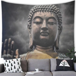 Detailed fabric texture of a zen Buddha wall tapestry with golden bronze finish decor