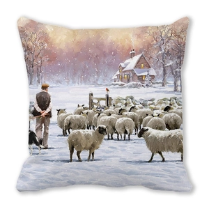 Square peach skin pillowcase featuring artistic oil painting of winter sheep herding scene