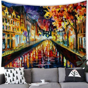 Artistic oil painting tapestry of a vibrant city street and canal for home wall decor