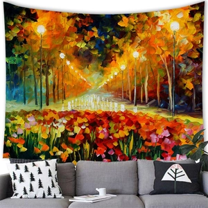 Impressionist watercolor street view tapestry with autumn lighting scene over sofa