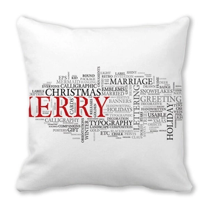 Détail d'un coussin carré avec un nuage de mots Merry Christmas rouge et noir