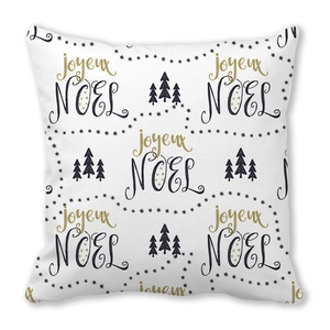Housse de coussin blanche en peau de pêche avec texte Joyeux NOEL et sapins de Noël noirs