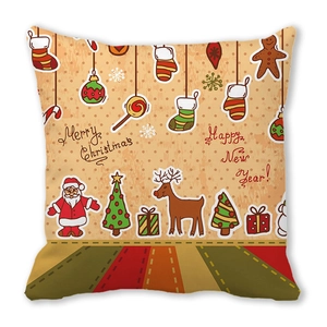 Close-up of peach skin Christmas pillowcase featuring festive Santa and reindeer patterns
