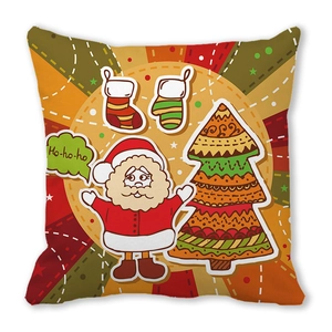 Christmas cushion cover featuring Santa Claus and Xmas tree on a white background