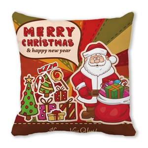 Detail view of a red Christmas pillowcase with cartoon Santa, tree, and gift box print