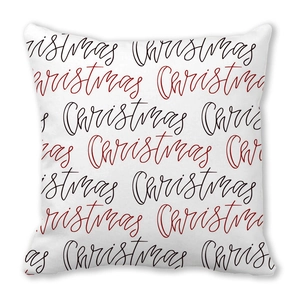 Coussin de Noël carré avec typographie rouge et noire sur tissu en peau de pêche blanc