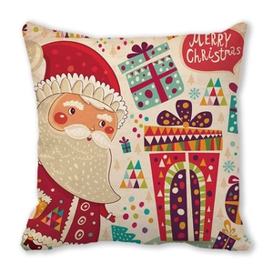 Detail of Christmas pillowcase with cartoon Santa, gifts, and trees on cream fabric