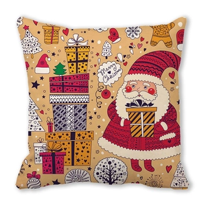 Detail of Christmas pillowcase featuring hand-drawn Santa Claus and gift box graphics