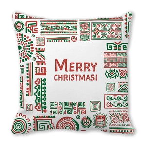 Détail de l'imprimé Merry Christmas sur tissu peau de pêche avec motifs géométriques rouges