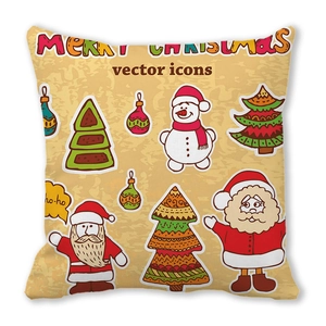 Close-up of peach skin Christmas pillowcase featuring Santa, snowman and festive icons