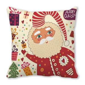 Detail of cartoon Santa Claus print on soft peach skin fabric square pillowcase