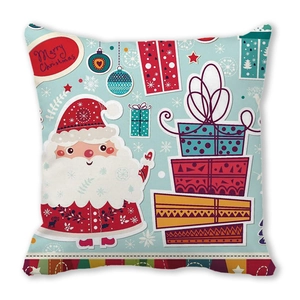 Detail of blue Christmas pillow showing Santa Claus and Merry Christmas print