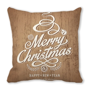 Vue détaillée du coussin Merry Christmas avec motif grain de bois rustique et imprimé
