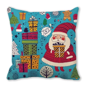 Close-up of Merry Christmas peach skin cushion cover with Santa and tree patterns