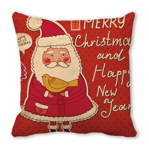 Detailed view of Merry Christmas sofa cushion cover featuring cartoon Santa and bird