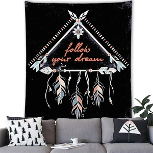 Bohemian dreamcatcher tapestry with colorful feathers and follow your dream text
