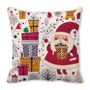 Detail eines quadratischen Kissenbezugs mit Cartoon-Weihnachtsmann und Geschenken