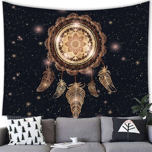 Detail of dreamcatcher tapestry with watercolor feathers hanging above a living room sofa