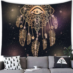Detail of bohemian mandala dreamcatcher tapestry with feathers and mystic eye on starry sky