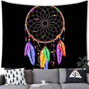 Detailed view of a dreamcatcher tapestry with vibrant feathers over a modern grey sofa