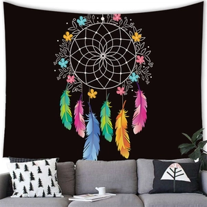 Bohemian dreamcatcher tapestry with colorful feathers on black background wall decor