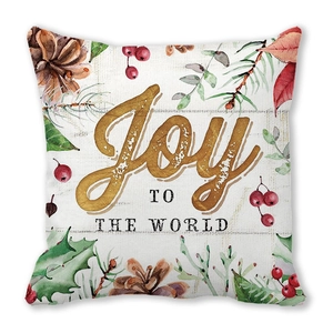 Fodera per cuscino natalizio con stampa Joy to the World e motivi di pigne ad acquerello