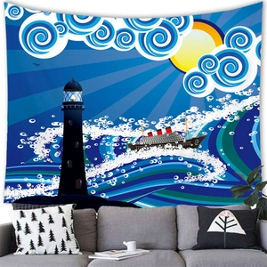 Detail of nautical lighthouse tapestry fabric and print texture hanging above a sofa