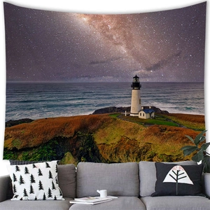 Detailed wall hanging tapestry featuring a scenic lighthouse under a starry galaxy night sky
