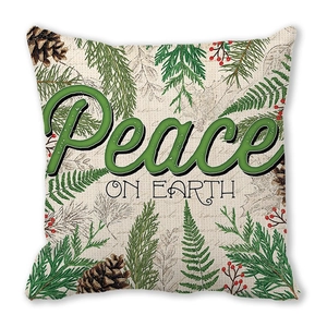 Fodera per cuscino natalizia con scritta Peace on Earth e motivi di pigne e bacche