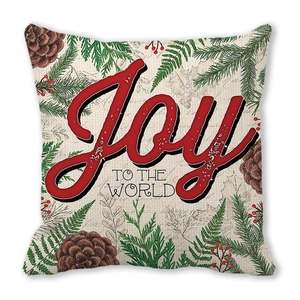 Dettaglio del testo Joy to the World con pigne e bacche su federa per cuscino natalizio