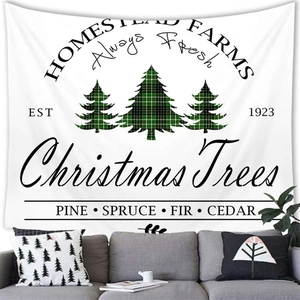 Detail of farmhouse Christmas tree wall tapestry with Homestead Farms typography art