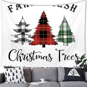 Detail of Farm Fresh Christmas tree tapestry with buffalo plaid trees over a sofa
