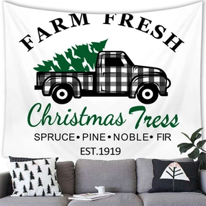 Rustic Christmas wall tapestry featuring vintage farm truck design in a cozy living room