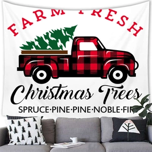 Detail of Christmas tapestry featuring a red buffalo plaid truck and festive pine motifs