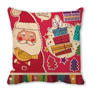 Weihnachts-Kissenbezug mit Weihnachtsmann, Geschenken und Bäumen auf rotem Punktehintergrund
