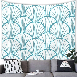 Close-up of a blue seashell and conch line pattern on a modern fabric wall tapestry