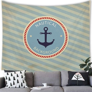Detail view of nautical wall tapestry featuring blue anchor print and striped fabric texture