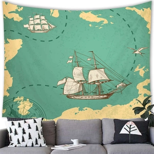Detailed view of nautical tapestry featuring a vintage ocean map and compass on fabric