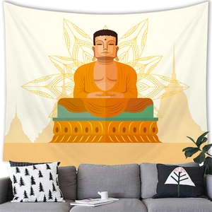 Zen style Buddha tapestry on a living room wall above a grey sofa with lotus patterns