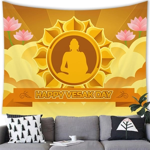 Detailed view of Buddha wall tapestry with Happy Vesak Day greeting in home setting