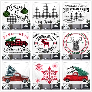 Christmas Tapestry Wall Hanging Retro Farmhouse Red Truck Buffalo Plaid Tree Reindeer Snowflake Holiday Home Decor Polyester Wall Blanket
