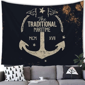 Vintage maritime tapestry featuring anchor and nautical flag above a grey sofa
