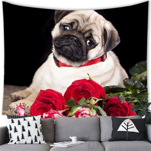 Detailed view of pug and red roses tapestry hanging over a modern grey sofa