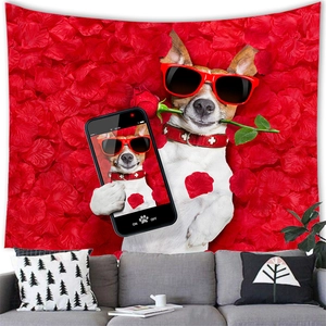 Detail of bulldog tapestry with red sunglasses and roses displayed over a gray sofa