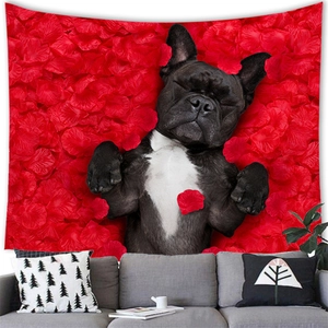 Close-up of bulldog wall tapestry hanging above a grey sofa with red rose background