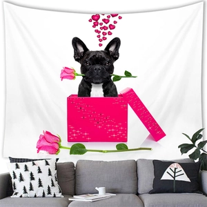 Detail of French Bulldog tapestry with dog in pink gift box over a grey sofa