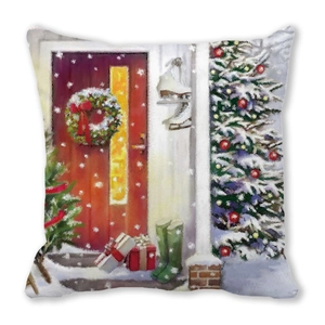 Detail eines Weihnachts-Kissenbezugs mit Vintage-Winterlandschaft auf Pfirsichhautgewebe